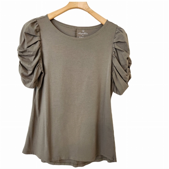 Elegant Tees Tops - Elegant Tees Top Olive Green Ruched Sleeves Short Sleeve Scoop Neck Large